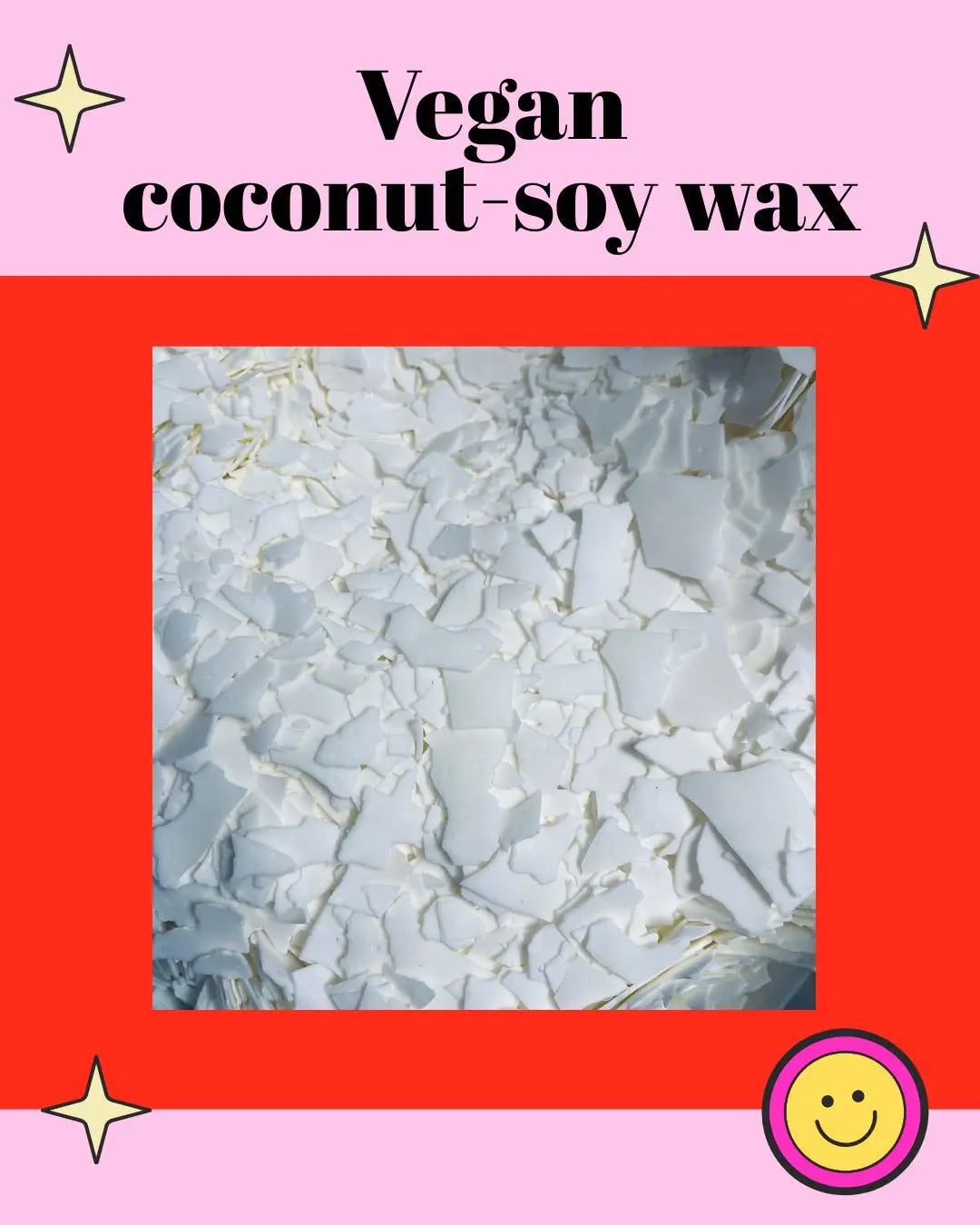 The image is a square with a red border, containing a close-up view of a white, crinkled material, which appears to be a vegan coconut-soy wax.