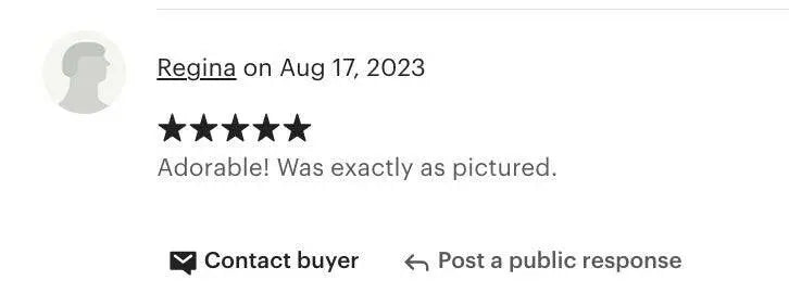Screenshot of a five-star customer review reading "Adorable! Was exactly as pictured."