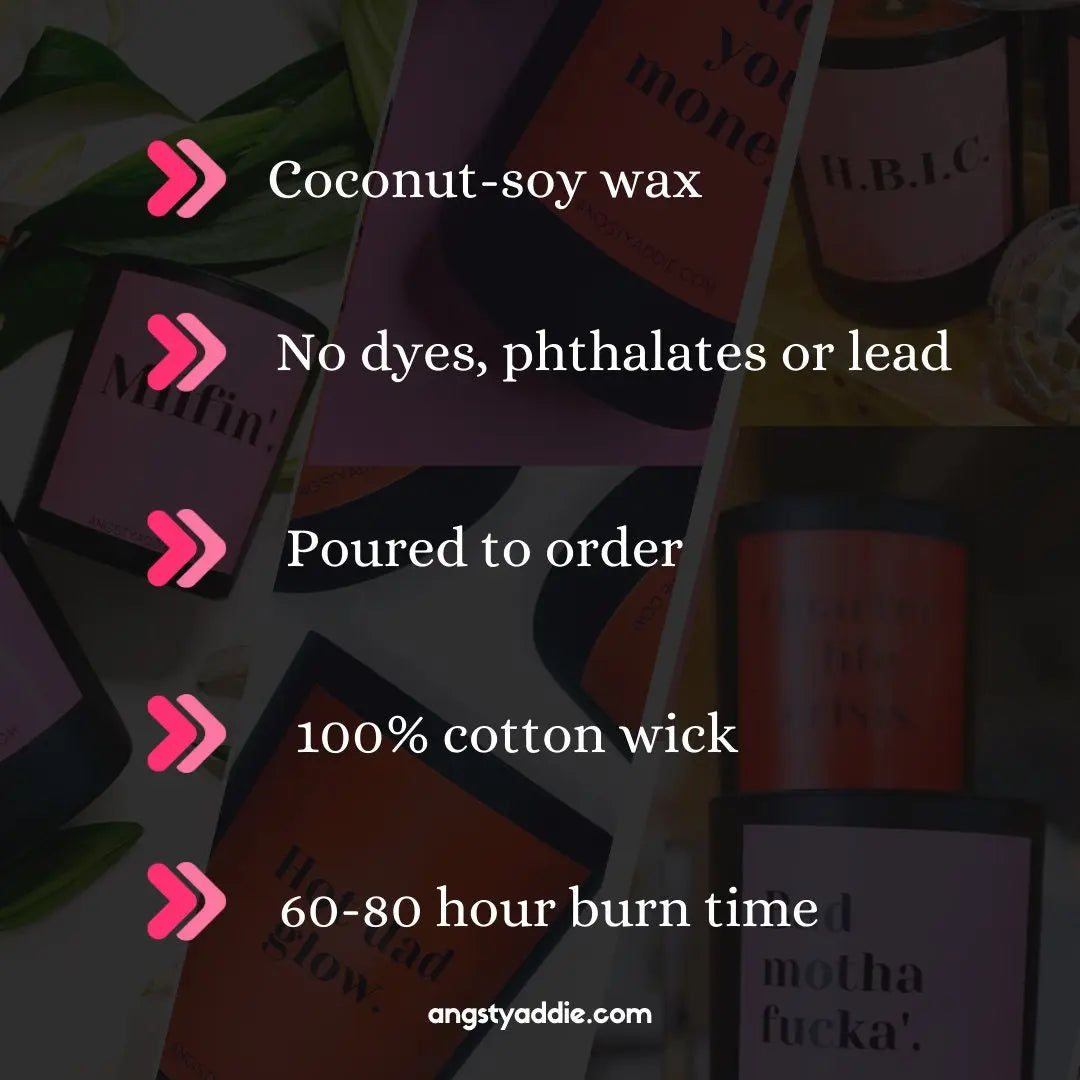 Infographic listing candle features: coconut-soy wax, no dyes/phthalates/lead, poured to order, cotton wick, 60-80 hour burn time