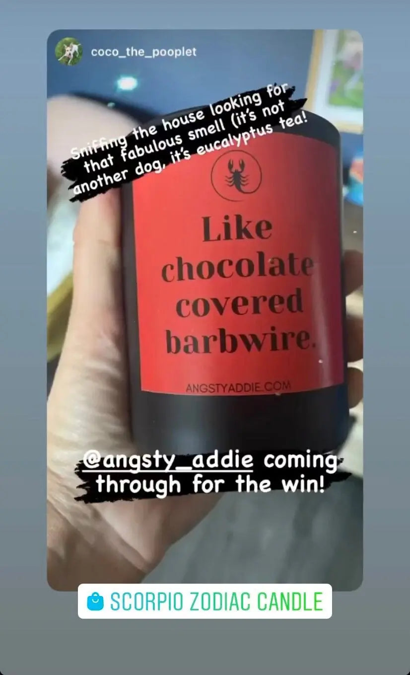Screenshot of a social media video reviewing the Scorpio zodiac candle, held in hand