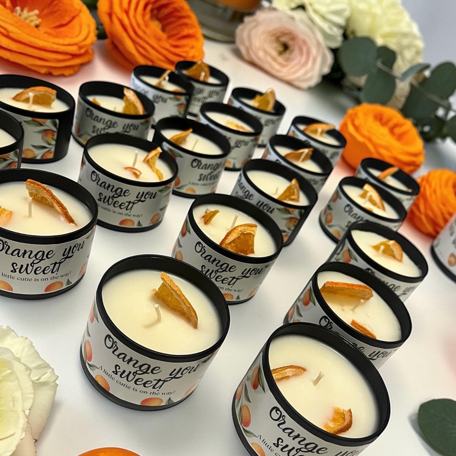 Cutie baby shower favors, baby shower candle favors, orange baby shower Angsty Addie