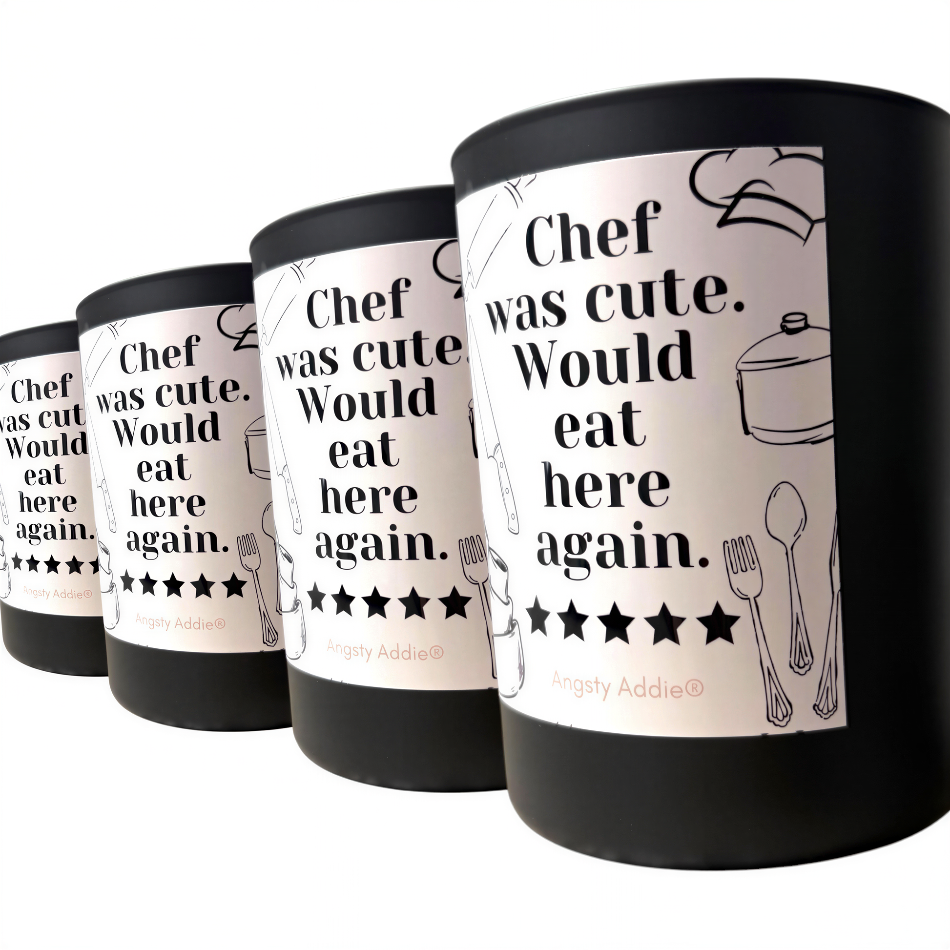 a row of black cylindrical containers with white labels that contain text and illustrations related to cooking and food.