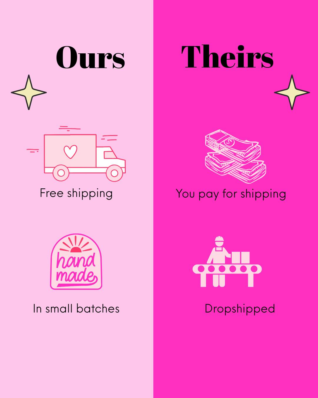 The image is a comparison between two types of shipping options: "Ours" and "Theirs". It features icons representing free shipping, paying for shipping, small batches, and dropshipped products.