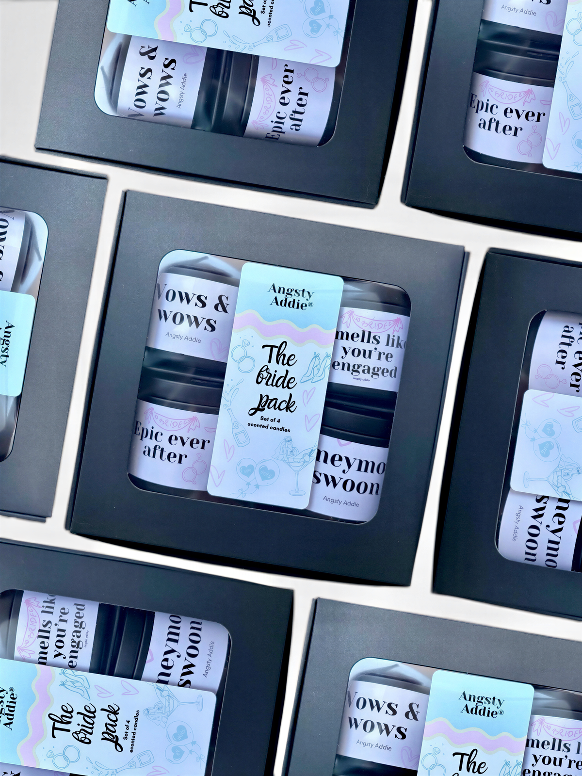 multiple identical black boxes with white text and graphics, arranged in a grid-like pattern.