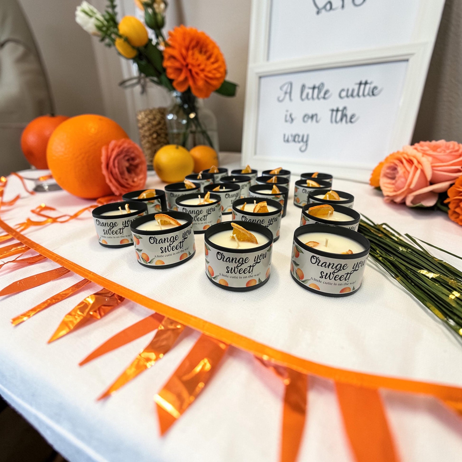 Cutie baby shower favors, baby shower candle favors, orange baby shower Angsty Addie